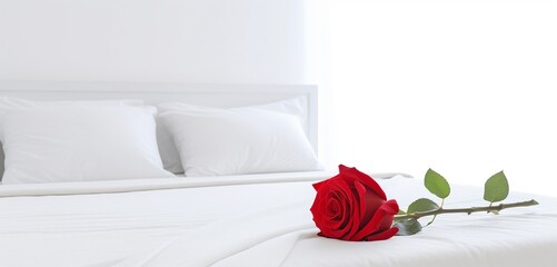 A minimalist bedroom with a sleek, white platform bed dressed in crisp white linens. A single red rose rests on the pillow.