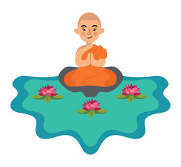 buddhist monk meditating with lotus flowers