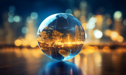Illuminated Globe on Cityscape Background - Global Connectivity Concept - obrazy, fototapety, plakaty