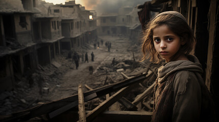 Fototapeta na wymiar Criança em uma cidade devastada pela guerra, vítima devastação batalha conflito infância