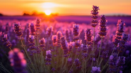 a field of purple flowers with the sun setting behind it