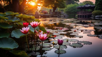a pond with lily pads and flowers - Powered by Adobe