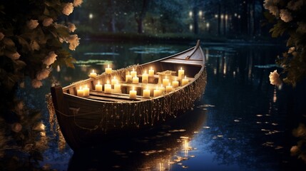 A picturesque rowboat on a tranquil lake, decorated with garlands and surrounded by floating...