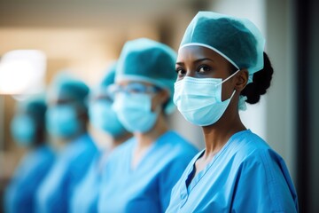 a group of medical personnel wearing surgical scrubs and face masks