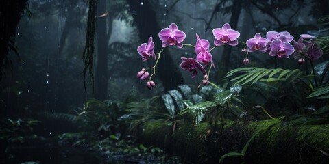 purple flowers in the rain - obrazy, fototapety, plakaty