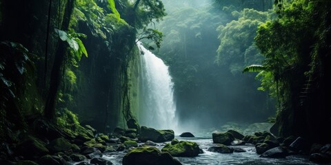 a waterfall in a forest - obrazy, fototapety, plakaty