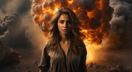a woman with a large explosion behind her