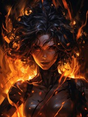 a woman with dark hair and fire