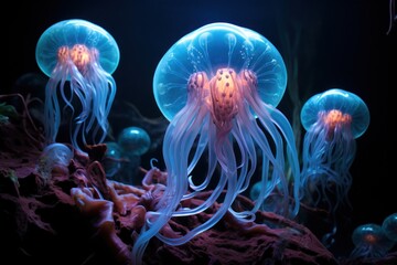 a group of jellyfish in water - Powered by Adobe