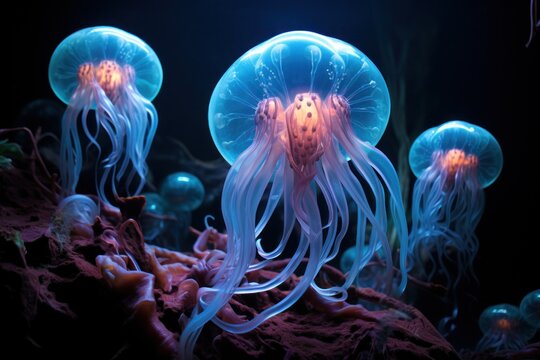 a group of jellyfish in water