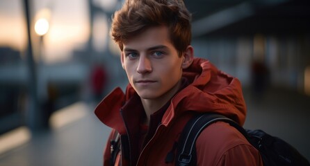 a man in a red jacket