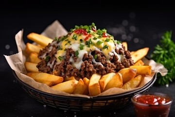 a bowl of fries with meat and cheese