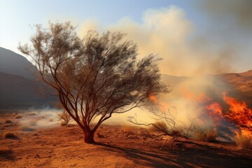 a tree in the middle of a field of smoke