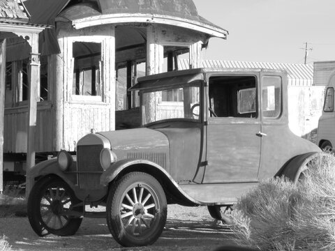 Abandoned Car and Train Car, Goldfield, Nevada, Black and White 