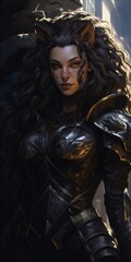 a woman in a black armor