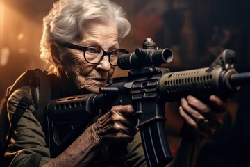 an old woman holding a gun - obrazy, fototapety, plakaty