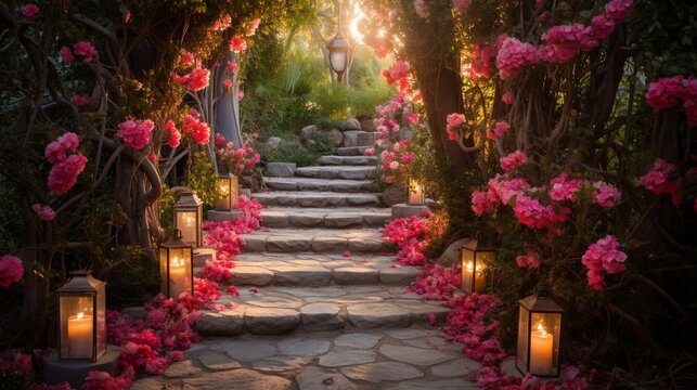 A romantic garden pathway lined with lanterns and adorned with vibrant red and pink flowers leading to a secret garden nook.