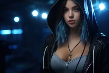 a woman with blue hair wearing a hoodie - obrazy, fototapety, plakaty