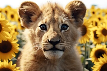 a lion cub in a field of sunflowers