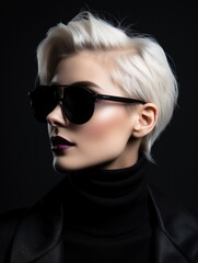 a woman with short hair wearing sunglasses