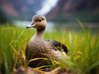 a duck sitting in grass