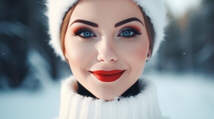 a woman with blue eyes and red lipstick - Powered by Adobe