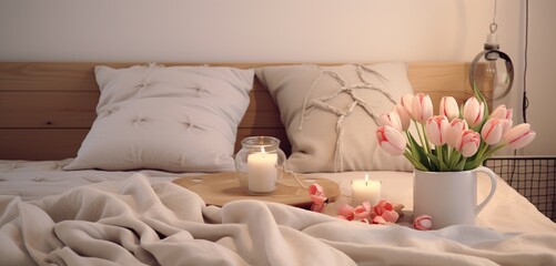 A Scandinavian-style bed with a chunky knit blanket and heart-shaped patterned pillows. A vase of fresh tulips sits on the nightstand.