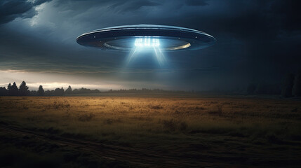 Fototapeta na wymiar Hovering above a nocturnal field, a UFO captured in a style of a random observer's perspective.