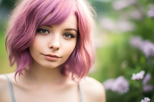 a woman with pink hair