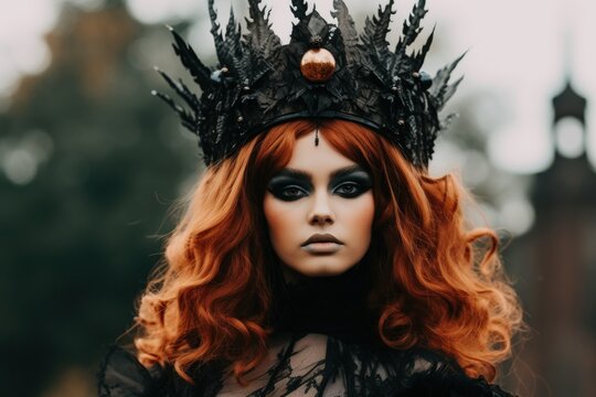 A Woman With Red Hair And Black Crown