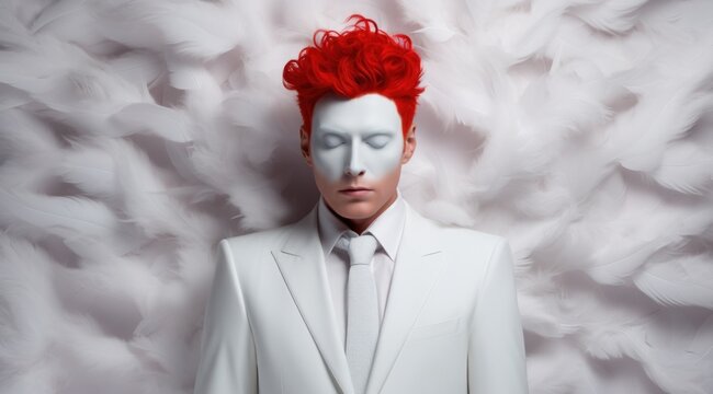 a man with red hair and white face paint