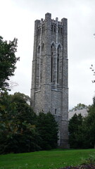 The old church buildings view with the tower and old designation 