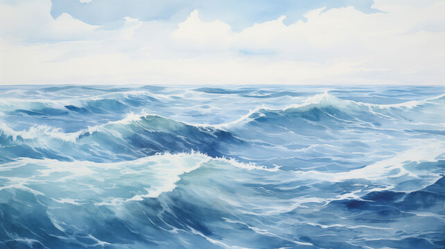 Ocean landscape, watercolour painting of blue sky and waves on the sea