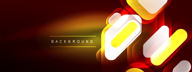 Neon lines, squares and round shapes abstract background. Techno glowing neon hexagon shapes vector illustration for wallpaper, banner, background, landing page, wall art, invitation, prints, posters