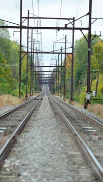 The railroad view with the parallel iron tracks and platform as background