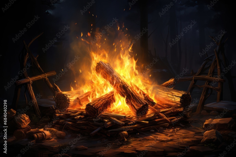 Poster fiery glow illuminating a dense forest filled with fallen logs generative ai