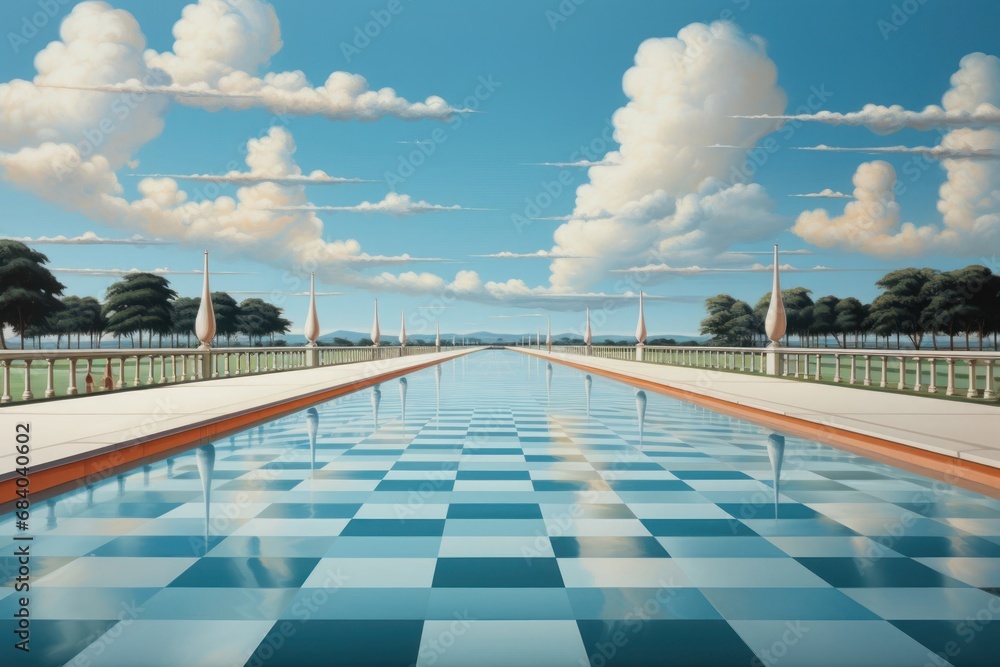 Poster serene pool painting with a gorgeous sky background generative ai