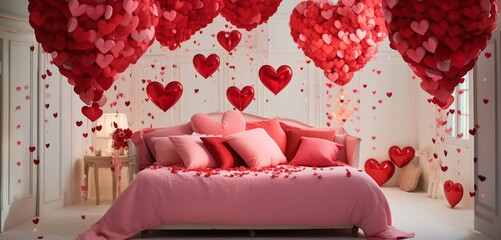 A whimsical bed covered in heart-shaped confetti, with oversized heart-shaped cushions and a garland of heart-shaped paper cutouts.