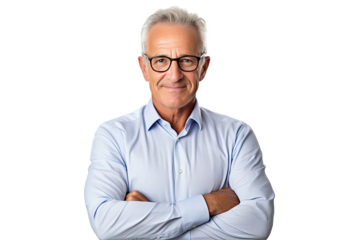 Portrait studio shot of an attractive senior businessman showing positive facial expressions, isolated on a transparent PNG background.