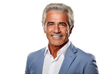 Portrait studio shot of an attractive senior businessman showing positive facial expressions, isolated on a transparent PNG background.