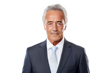 Portrait studio shot of an attractive senior businessman showing positive facial expressions, isolated on a transparent PNG background.