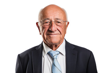 Portrait studio shot of an attractive senior businessman showing positive facial expressions, isolated on a transparent PNG background.