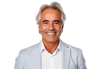 Portrait studio shot of an attractive senior businessman showing positive facial expressions, isolated on a transparent PNG background.