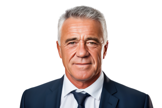 Portrait studio shot of an attractive senior businessman showing positive facial expressions, isolated on a transparent PNG background.