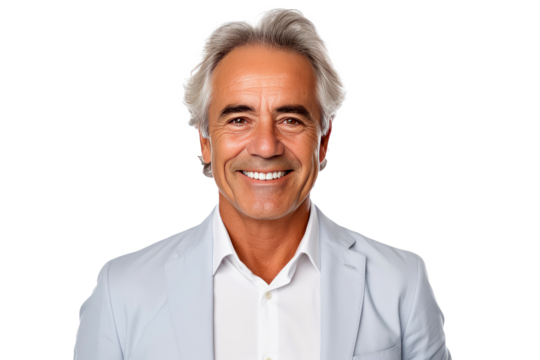 Portrait studio shot of an attractive senior businessman showing positive facial expressions, isolated on a transparent PNG background.