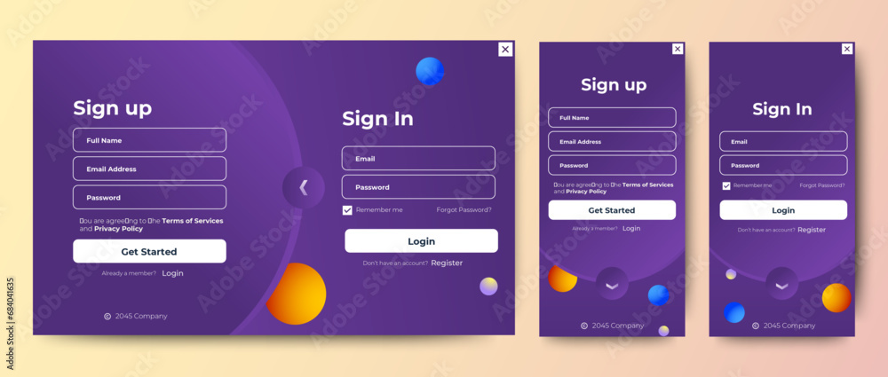 Poster set of sign up and sign in forms. blue gradient. mobile registration and login forms page. professio