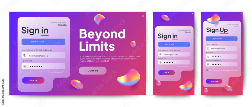 Poster registration and login forms page ui template. set of sign up and sign in forms professional web des
