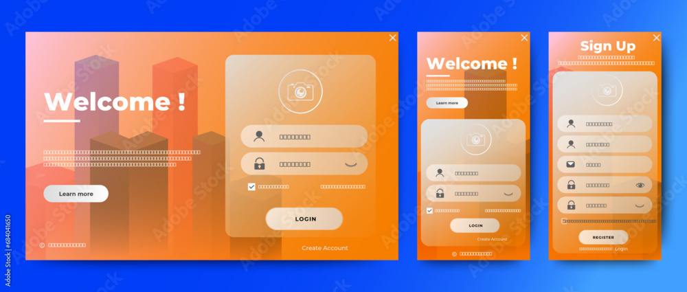 Poster registration and login forms page ui template design. orange background forms for website and mobile