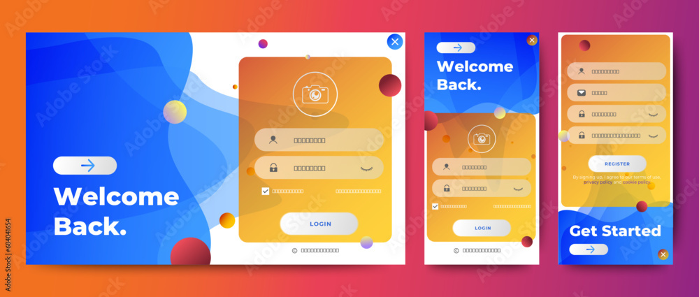 Poster set of sign up and sign in forms. blue gradient. mobile registration and login forms page. professio