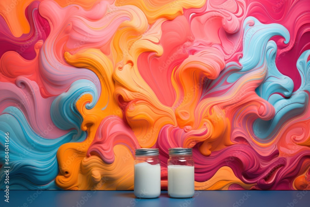 Poster two jars on display against a vibrant multicolored wall generative ai